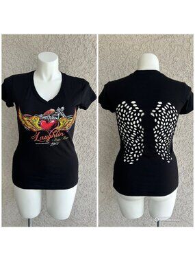 NWOT Biker Clothing Womens Laughlin 2015 Black V-Neck Tee Shirt Cutout Wings XL